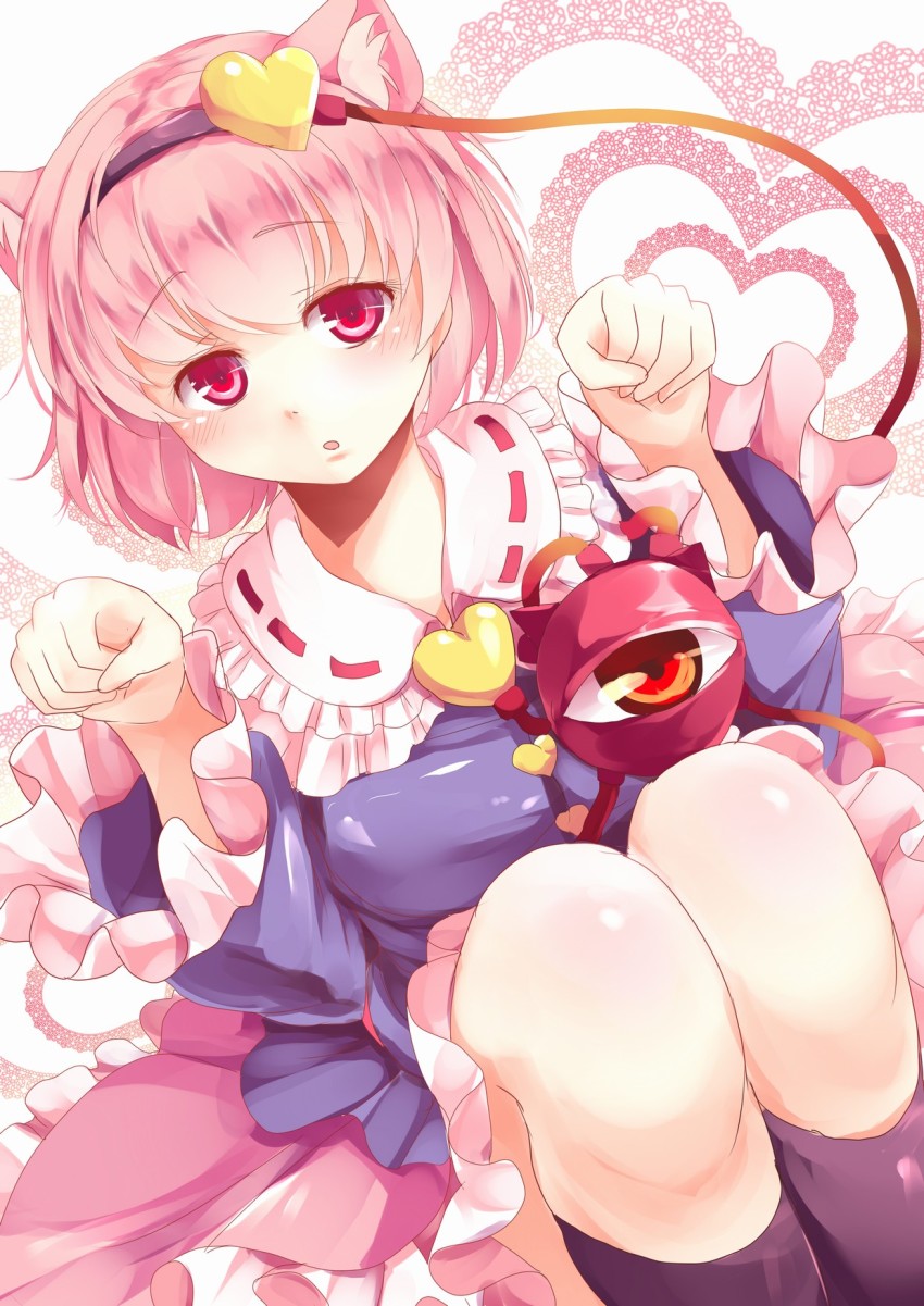 1girl animal_ears black_socks blouse blue_shirt blush breasts cat_ears female_focus frilled_shirt_collar frilled_skirt frills hairband hands_up heart heart_pattern highres kanzakietc kemonomimi_mode kneehighs knees_up komeiji_satori long_sleeves looking_at_viewer medium_breasts open_mouth paw_pose perspective pink_eyes pink_hair pink_skirt ribbon-trimmed_collar ribbon_trim shiny_skin shirt short_hair skirt socks solo third_eye touhou white_background