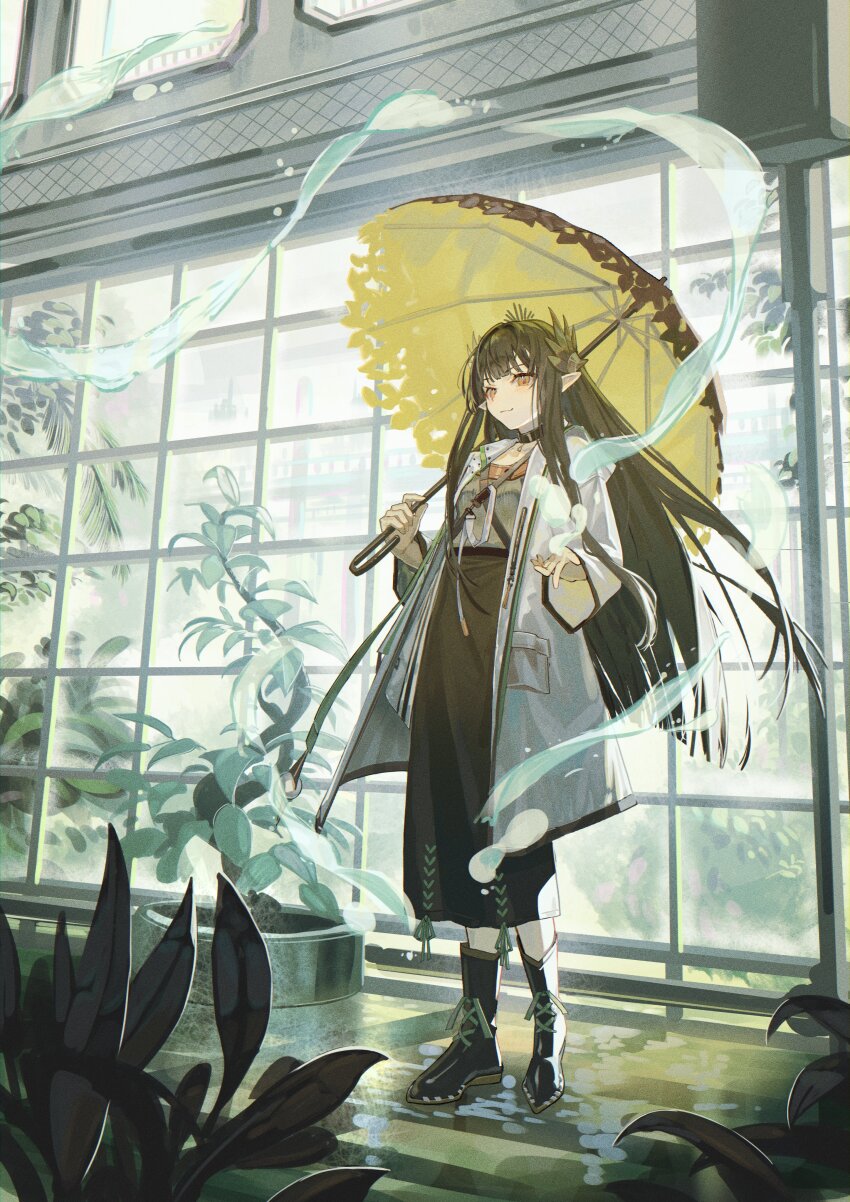 1girl absurdres arknights black_boots boots brown_hair coat commentary full_body green_skirt hand_up highres holding holding_umbrella indoors infection_monitor_(arknights) laurel_crown long_hair long_skirt long_sleeves looking_at_viewer muelsyse_(arknights) natsuba002 plant pointy_ears shirt skirt smile solo umbrella water water_drop white_coat white_shirt window yellow_eyes