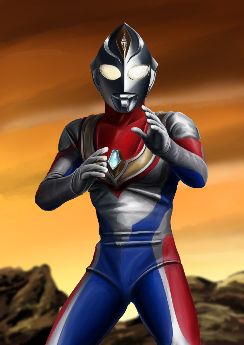 1boy absurdres alien armor blue_skin breastplate canyon color_timer colored_skin commentary compound_eyes cowboy_shot dorsal_fin fighting_stance flash_type_(ultra_series) forehead_jewel gattyo glowing glowing_eyes hands_up highres legs_apart looking_at_viewer male_focus multicolored_skin muscular muscular_male open_hands orange_sky red_skin silver_skin sky solo tokusatsu ultra_series ultraman_dyna ultraman_dyna_(flash_type) ultraman_dyna_(series) wrinkled_skin yellow_eyes