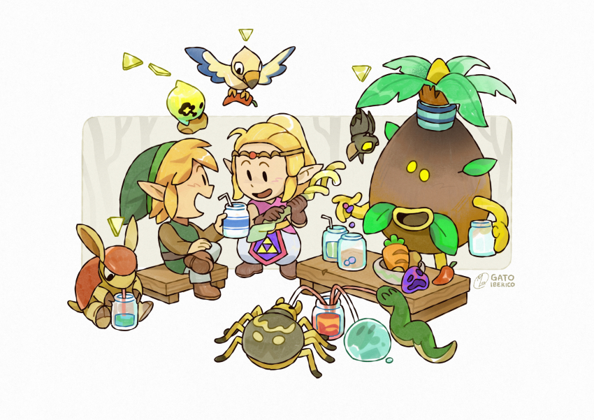 1boy 1girl armadillo bird blonde_hair boots brown_boots brown_gloves brown_sleeves bug business_scrub carrot chibi chibi_only chili_pepper circlet commentary drink drinking drinking_straw english_commentary gatoiberico gloves green_hat green_tunic hat highres holding holding_drink holding_staff link long_hair long_sleeves looking_at_another mage_staff nintendo open_mouth pants pelvic_curtain pink_shirt pointy_ears ponytail princess_zelda royal_travel_attire_(zelda) shirt short_hair sitting sleeveless sleeveless_shirt slime_(creature) smile snake solid_oval_eyes spider staff the_legend_of_zelda the_legend_of_zelda:_echoes_of_wisdom tri_(zelda) tri_rod triforce tunic white_pants