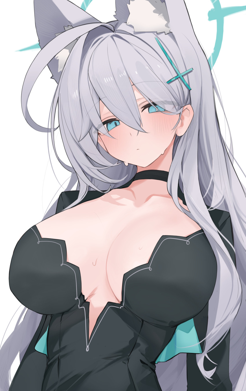 1girl absurdres ahoge animal_ear_fluff animal_ears black_choker black_dress blue_archive blue_eyes blue_halo breasts bright_pupils choker cleavage collarbone commentary_request cross_hair_ornament dress grey_hair hair_between_eyes hair_ornament halo highres large_breasts long_hair long_sleeves looking_at_viewer mikozin mismatched_pupils shiroko_(blue_archive) shiroko_terror_(blue_archive) simple_background solo sweat sweatdrop upper_body white_background white_pupils