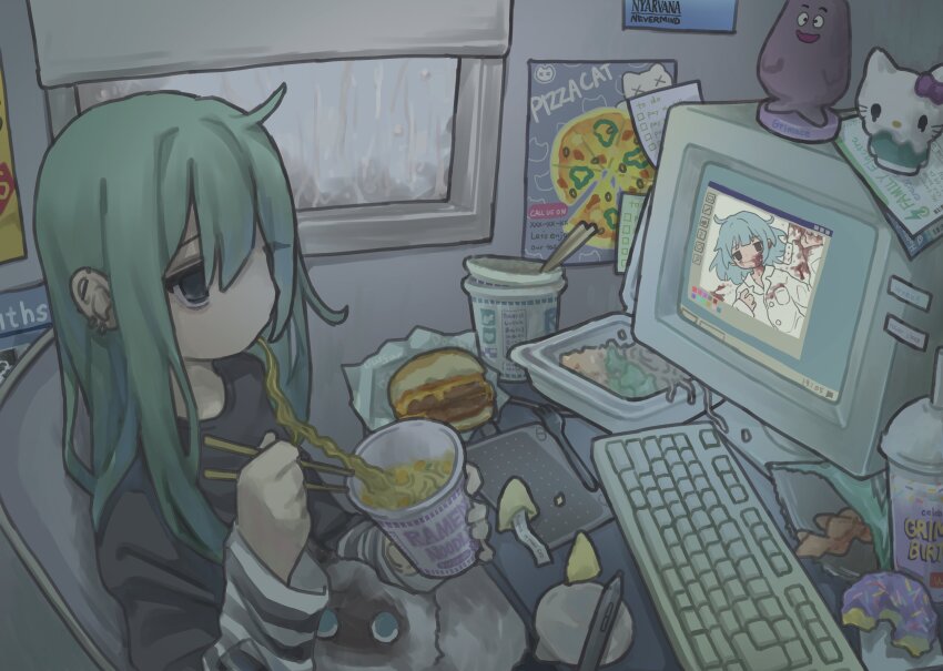 1girl absurdres bags_under_eyes black_eyes burger cat chopsticks computer_keyboard cup_ramen desktop_(computing) drawing_tablet food fortune_cookie_(food) green_hair grimace_(mcdonald&#039;s) grimace_shake_(meme) gudon_udon hair_between_eyes hello_kitty hello_kitty_(character) highres holding holding_chopsticks indoors mcdonald&#039;s meme microsoft_paint_(software) microsoft_windows monitor nirvana_(band) original poster_(object) rain sanrio stylus window window_(computing) windows_95 windows_classic