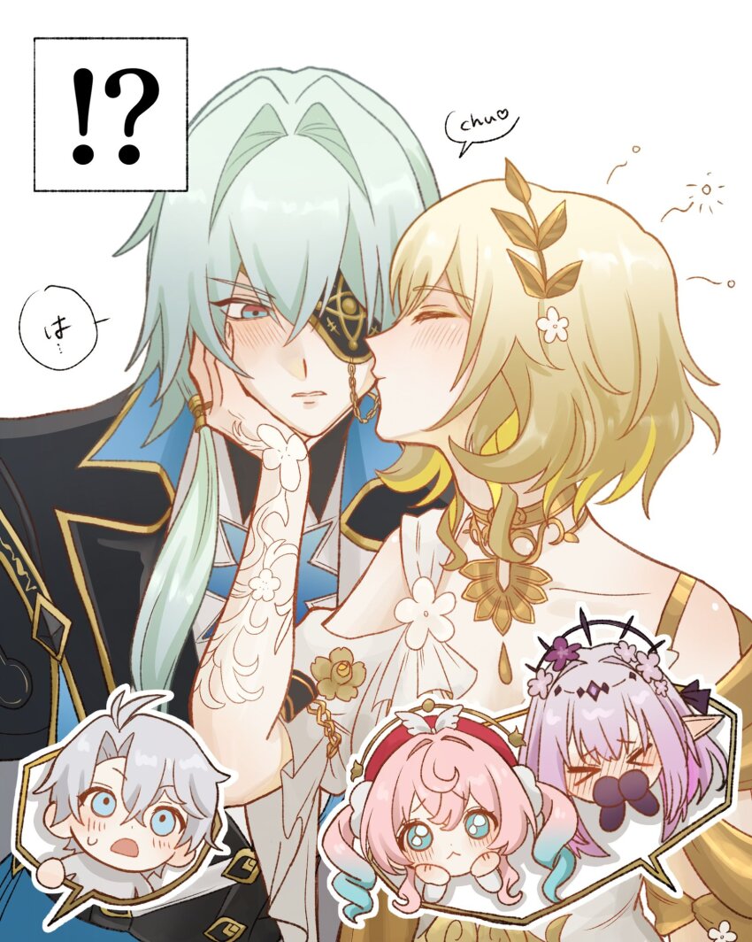 !? &gt;_&lt; 2boys 3girls aglaea_(honkai:_star_rail) anaxa_(honkai:_star_rail) aqua_eyes aqua_hair black_jacket blonde_hair blue_eyes blush castorice_(honkai:_star_rail) chibi chibi_inset eyepatch flower green_hair grey_hair hair_flower hair_ornament hand_on_another&#039;s_cheek hand_on_another&#039;s_face head_wreath highres honkai:_star_rail honkai_(series) hyacine_(honkai:_star_rail) jacket kiss kissing_cheek long_hair low-tied_long_hair medium_hair multicolored_hair multiple_boys multiple_girls ochiba_34 phainon_(honkai:_star_rail) pink_hair pointy_ears purple_hair short_hair tiara two-tone_hair upper_body