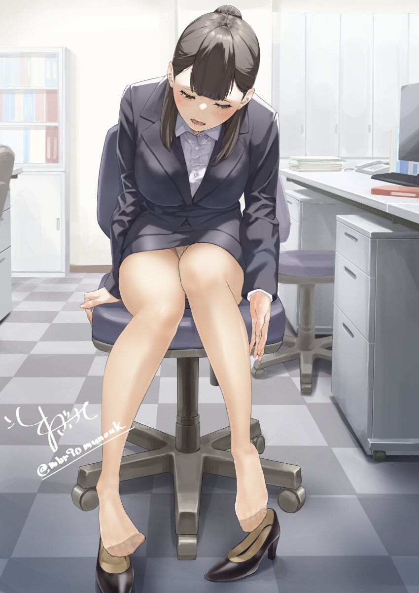 1girl absurdres black_jacket black_shoes black_skirt blush breasts brown_eyes brown_hair chair checkered_floor collared_shirt commentary_request feet hair_between_eyes hair_bun high_heels highres indoors jacket large_breasts leaning_forward legs looking_down maburoku medium_hair no_shoes office office_chair office_lady on_chair open_mouth original panties pantyhose pantyshot pumps reaching shirt shoes signature single_hair_bun sitting skirt solo swivel_chair thighs toe_seam toes twitter_username underwear unworn_shoes white_panties white_shirt
