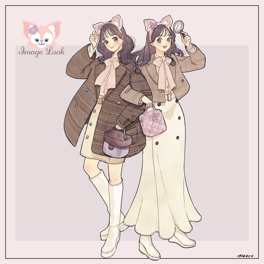 2girls animification bag brown_hair closed_mouth coat copyright_name curly_hair duffy_and_friends full_body holding holding_magnifying_glass humanization linabell long_hair looking_at_viewer magnifying_glass meecosme multiple_girls open_mouth shirt simple_background skirt smile wavy_hair