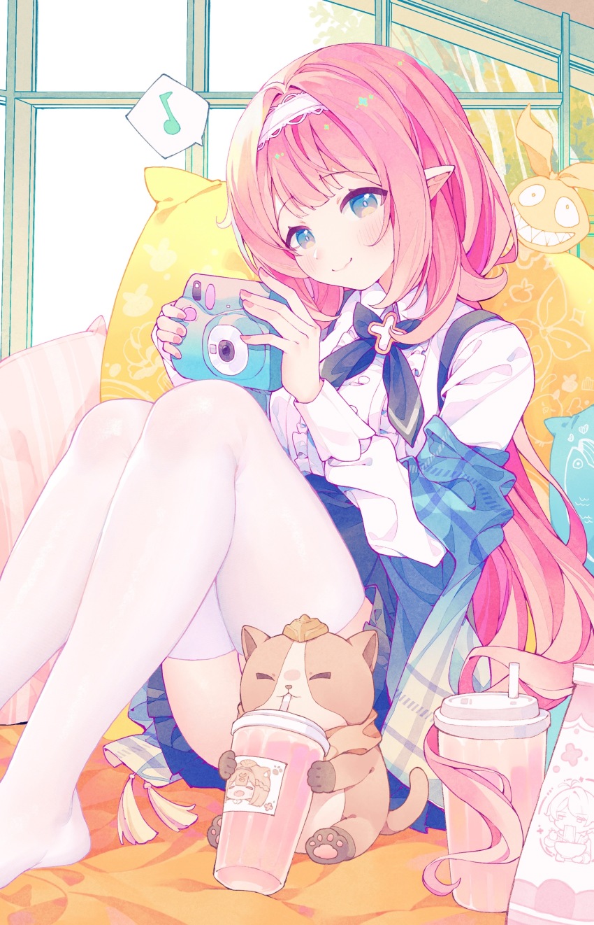 1girl absurdres animal blue_eyes blue_skirt blush camera can_(honkai_impact) cat chinese_commentary closed_mouth collared_shirt commentary_request cup disposable_cup drinking_straw eighth_note elf elysia_(coco)_(honkai_impact) elysia_(honkai_impact) elysia_(miss_pink_elf)_(honkai_impact) frills hairband highres holding holding_camera holding_cup homu_(honkai_impact) honkai_(series) honkai_impact_3rd indoors kevin_kaslana knees_up long_hair long_sleeves looking_at_viewer musical_note nail_polish no_shoes pardofelis pillow pink_hair plaid pointy_ears shirt sitting skirt smile solo spoken_musical_note suspenders thighhighs very_long_hair white_hairband white_shirt white_thighhighs window xianyuzi