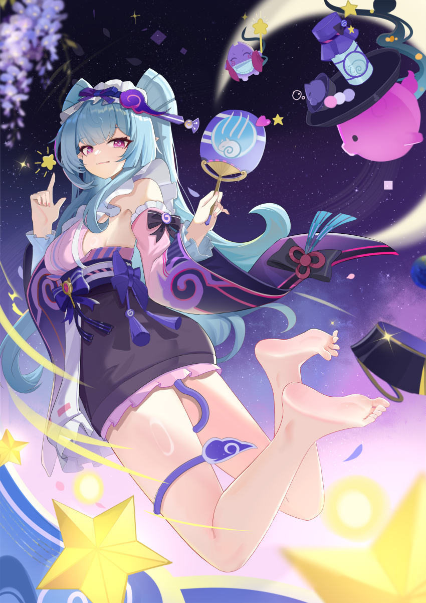 1girl :q absurdres barefoot blue_hair feet genshin_impact hand_fan highres long_hair looking_at_viewer npp_(artist) pointy_ears purple_eyes soles symbol-shaped_pupils toes tongue tongue_out yumemizuki_mizuki