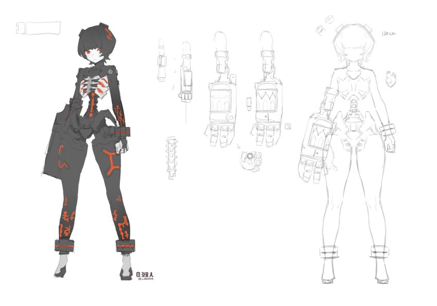 1girl :&lt; arms_at_sides arrow_(symbol) black_hair chinese_commentary circuit closed_mouth commentary_request concept_art cuffs cyborg expressionless full_body height highres legs_apart liren44 looking_at_viewer mechanical_arms mechanical_hands mechanical_heart mechanical_legs mechabare mechanical_spine multiple_views orange_eyes original partially_colored short_hair standing twitter_username unfinished white_background