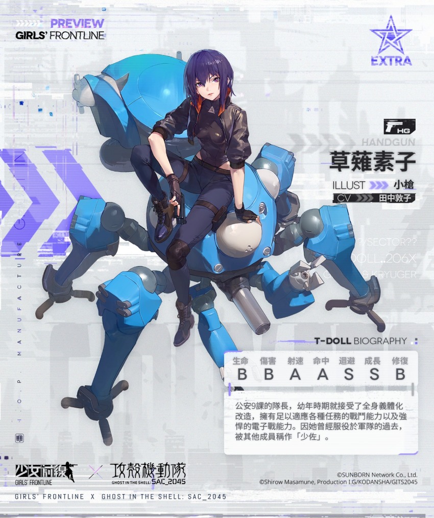 1girl arm_support bad_facebook_id bad_id black_footwear black_gloves black_jacket black_pants boots breasts chinese_text cropped_jacket fingerless_gloves ghost_in_the_shell ghost_in_the_shell:_sac_2045 girls&#039;_frontline gloves gun handgun highres holding holding_gun holding_weapon jacket kusanagi_motoko official_art open_clothes open_jacket pants purple_eyes purple_hair robot short_hair short_sleeves sitting tachikoma weapon xiao_qiang_sang