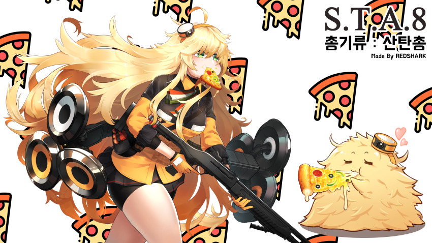 1girl :3 =_= absurdres ahoge ammunition artist_name bell_pepper bell_pepper_slice bike_shorts black_gloves black_jacket black_shorts black_skirt blonde_hair blush breasts character_name chibi closed_eyes commentary_request dripping eating fabarm_sat-8 flag_print food food-themed_background food_in_mouth food_on_face girls&#039;_frontline gloves green_eyes gun hair_between_eyes hair_ornament hairband heart highres holding holding_gun holding_weapon italian_flag italian_flag_print jacket korean_commentary korean_text large_breasts long_hair long_sleeves messy_hair mixed-language_commentary mouth_hold multicolored_jacket neck_ribbon olive orange_gloves orange_hairband orange_jacket partial_commentary pepperoni pizza pizza_background pleated_skirt print_ribbon puffy_cheeks redshark7839 ribbon s.a.t.8_(girls&#039;_frontline) semi-automatic_shotgun shadow shield shield_module shorts shotgun shotgun_shell shotgun_speedloader simple_background skindentation skirt solo too_much_fluff translation_request trigger_discipline two-sided_gloves two-tone_jacket typo v-shaped_eyebrows very_long_hair weapon white_background