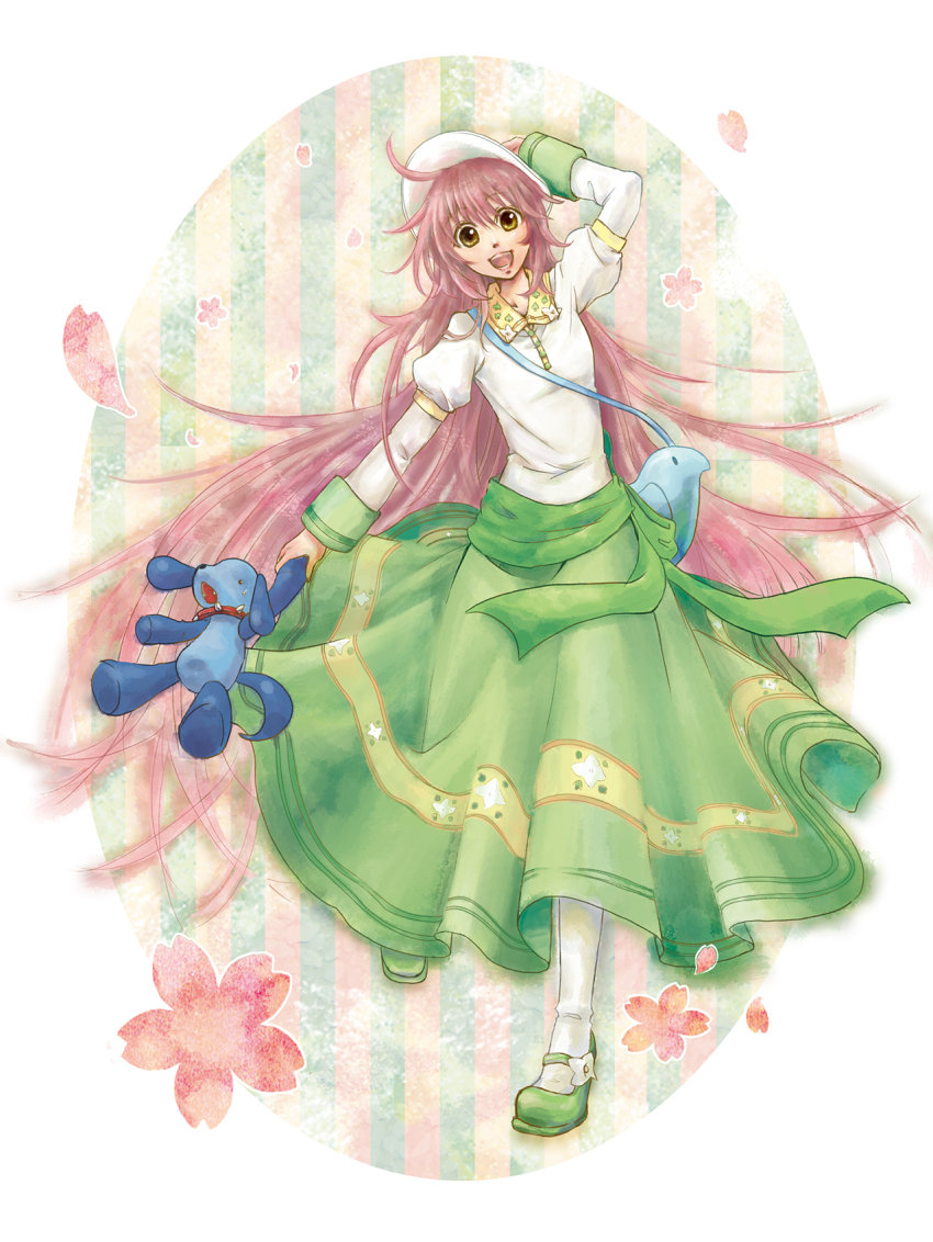 00s 1girl aruburu bag brown_eyes brown_hair dog dress female_focus flower full_body hanato_kobato hat highres ioryogi kobato. long_hair plant shoes solo stuffed_animal stuffed_toy very_long_hair walking