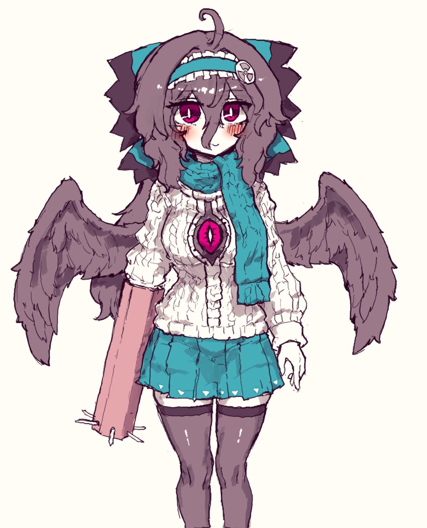 1girl absurdres adapted_costume ahoge arm_cannon bird_wings black_hair black_thighhighs black_wings blush bow bright_pupils closed_mouth green_bow green_scarf green_skirt hair_between_eyes hair_bow highres long_hair long_sleeves looking_at_viewer radiation_symbol rampa93 red_eyes reiuji_utsuho scarf simple_background skirt smile solo sweater thighhighs third_eye touhou weapon white_background white_pupils white_sweater wings winter_clothes