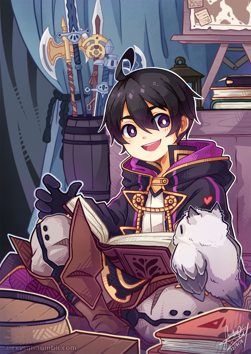 1boy ahoge animal animal_on_leg barrel beak bird bird_on_leg black_hair black_robe black_rope book book_stack brown_footwear commentary dated english_commentary feathers fire_emblem fire_emblem_awakening gloves halberd highres hood hood_down hooded_jacket jacket lantern long_sleeves morgan_(fire_emblem) multicolored_robe multiple_weapons nintendo open_mouth owl polearm purple_eyes purple_trim robe rope sandragh short_hair signature sitting smile sword watermark weapon white_feathers