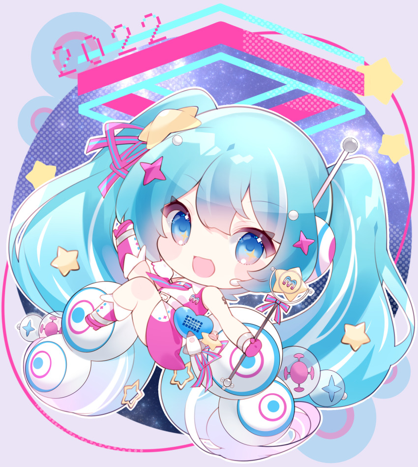 1girl 2022 :d absurdly_long_hair aqua_hair arm_tattoo blue_eyes blue_ribbon blush boots chibi chibi_only collared_dress commentary_request dress full_body gloves gradient_hair hair_ornament hair_ribbon hatsune_miku heart highres initial long_hair looking_at_viewer magical_mirai_(vocaloid) magical_mirai_miku magical_mirai_miku_(2022) multicolored_hair number_tattoo open_mouth pink_boots pink_dress pink_gloves pink_hair ribbon rocket sleeveless sleeveless_dress smile solo star_(symbol) star_hair_ornament streaked_hair tattoo twintails very_long_hair vocaloid white_hair yuni_(irohasuiroiro)