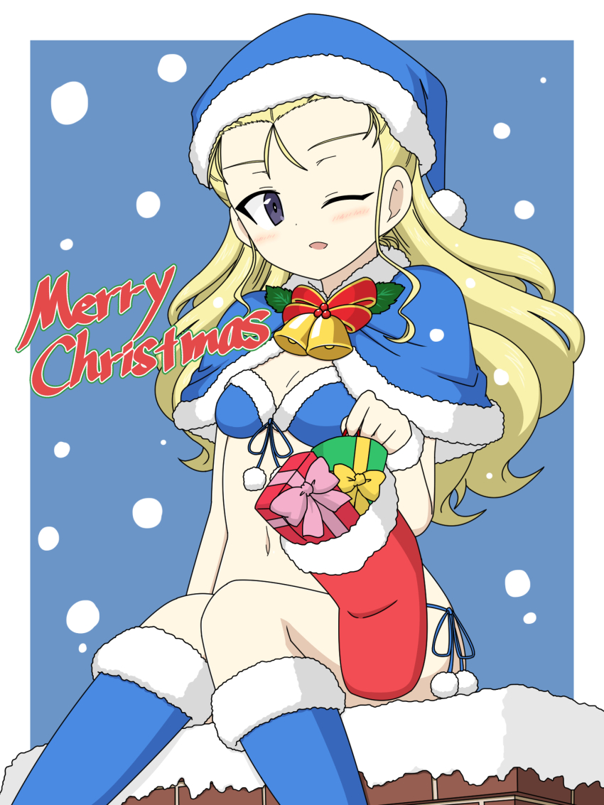 1girl assam_(girls_und_panzer) bell bikini blonde_hair blue_bikini blue_boots blue_capelet blue_eyes blue_hat boots bow bowtie breasts capelet chimney christmas christmas_stocking english_text front-tie_bikini_top front-tie_top fur-trimmed_bikini fur-trimmed_boots fur-trimmed_capelet fur_trim gift girls_und_panzer girls_und_panzer_senshadou_daisakusen! hair_pulled_back hat highres holding holly ichinose_jun knee_boots long_hair looking_at_viewer merry_christmas navel neck_bell night official_alternate_costume one_eye_closed open_mouth outdoors red_bow red_bowtie santa_hat side-tie_bikini_bottom sitting small_breasts smile snowing solo swimsuit