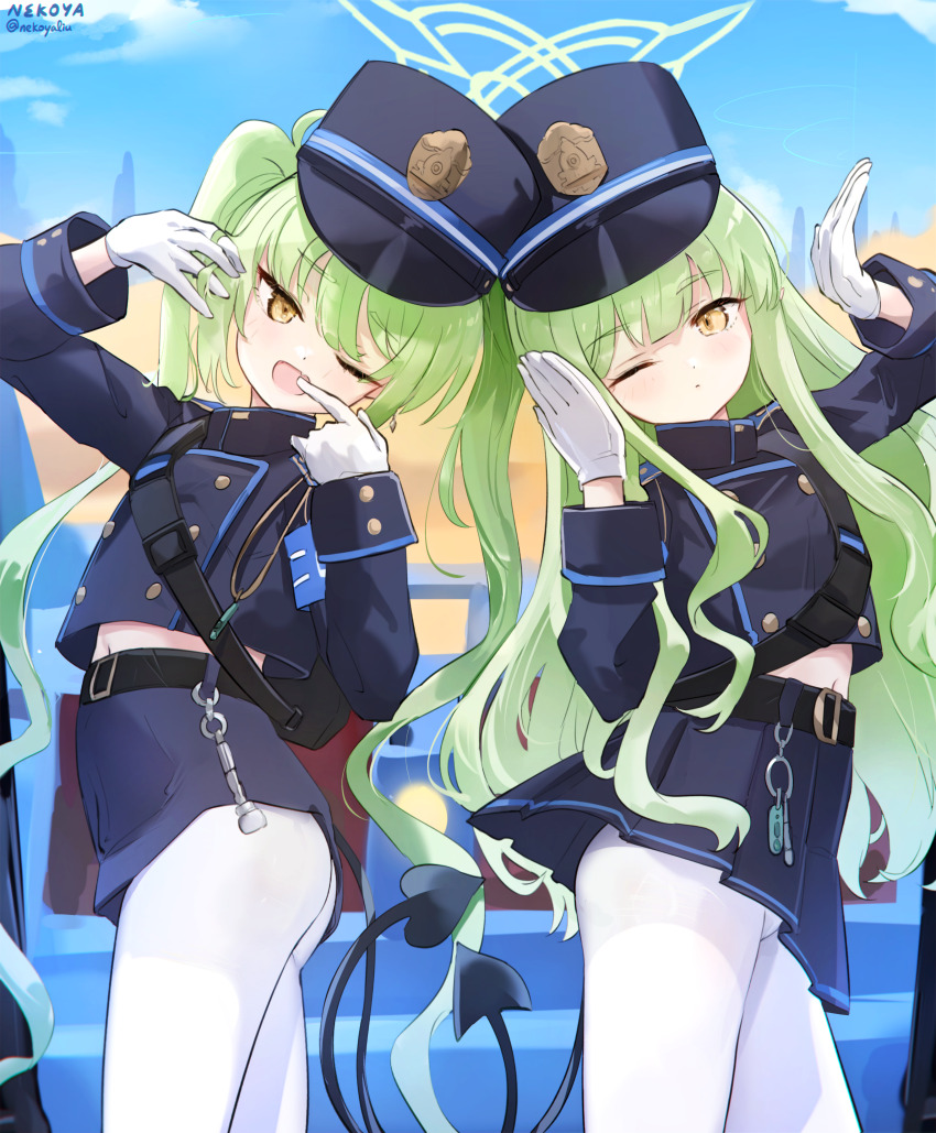 2girls ;d absurdres armband ass black_skirt black_tail blue_archive blue_armband blue_sky blush buttons commentary_request day demon_tail double-breasted fang gloves green_hair green_halo halo hat highres hikari_(blue_archive) long_hair long_sleeves looking_at_viewer making_faces midriff multiple_girls nekoya_(liu) nozomi_(blue_archive) one_eye_closed open_mouth pantyhose peaked_cap pointy_ears siblings sisters skirt sky smile tail train_conductor twins twintails white_gloves white_pantyhose yellow_eyes