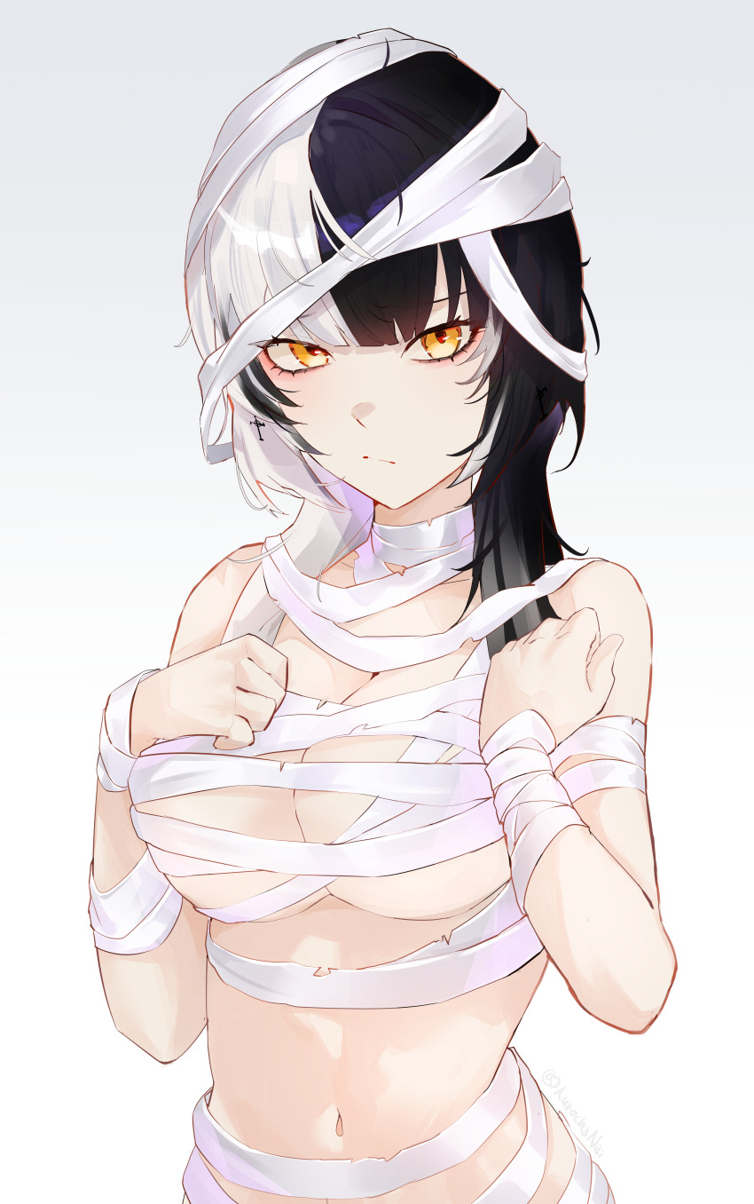 1girl absurdres bandaged_chest bandaged_head bandages black_hair breasts closed_mouth halloween_costume highres hololive hololive_english kurochanai large_breasts long_hair looking_at_viewer multicolored_hair mummy_costume naked_bandage navel shiori_novella simple_background solo split-color_hair two-tone_hair virtual_youtuber white_background white_hair yellow_eyes