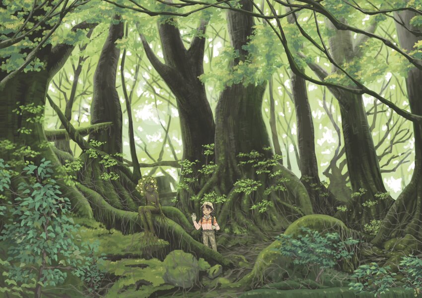 2girls backpack bag belt black_hair black_skin branch bucket_hat colored_skin dryad forest grey_pants hat highres jungle low_twintails monster_girl moss multiple_girls nature original outdoors pants plant plant_hair plant_roots scenery shirt_tucked_in sitting standing tareme tree twintails vines yanamosuda
