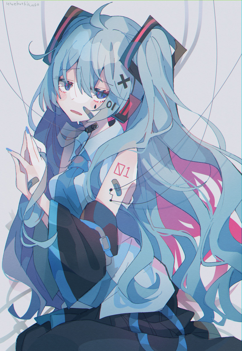 1girl absurdres ahoge artist_name bandaid bandaid_on_arm bandaid_on_face bandaid_on_hand black_pantyhose black_skirt black_sleeves blue_eyes blue_hair blue_nails blue_necktie blush breasts collared_shirt commentary detached_sleeves grey_shirt hair_between_eyes hair_ornament hatsune_miku headphones highres long_hair looking_at_viewer medium_breasts nail_polish necktie number_hair_ornament number_tattoo open_mouth pantyhose pleated_skirt seiza shirt shoulder_tattoo sitting skirt sleeveless sleeveless_shirt solo tattoo teardrop_facial_mark umemaro_(siona0908) very_long_hair vocaloid wavy_hair wire x_hair_ornament