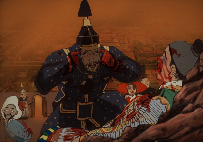 6+boys armor beard blood blood_on_face chinese_armor chinese_clothes closed_eyes commentary dagger english_commentary facial_hair hat highres holding holding_dagger holding_knife holding_weapon invincible_(series) knife long_sleeves meme mossacannibalis multiple_boys open_mouth parody photo_background real_life think_mark_think!_(meme) weapon