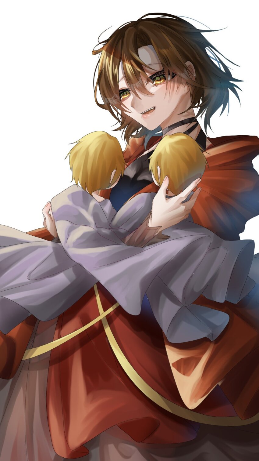 1boy 2girls baby black_choker blonde_hair brother_and_sister brown_hair capelet carrying carrying_baby carrying_person choker crossed_arms dress evillious_nendaiki floating_hair gretel_(evillious_nendaiki) hansel_(evillious_nendaiki) highres kagamine_len kagamine_rin kei_(3o4xxwcc5nksquy) majo_salmhofer_no_toubou_(vocaloid) meiko_(vocaloid) meta_salmhofer mother_and_daughter mother_and_son multiple_girls red_capelet red_dress short_hair siblings smile twins vocaloid yellow_eyes