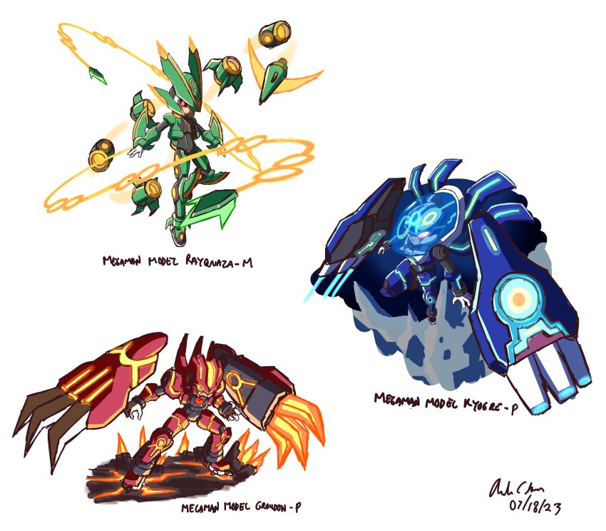 absurdres armor cosplay cropped_jacket floating floating_object gen_3_pokemon glowing glowing_eyes groudon groudon_(cosplay) helmet highres innovator123 kyogre kyogre_(cosplay) legendary_pokemon mega_man_(series) mega_man_zx nintendo pokemon rayquaza rayquaza_(cosplay) red_eyes shoulder_armor tagme