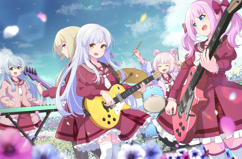 5girls :d ^_^ aqua_hair arm_up assault_lily back-to-back band_(music) bass_guitar belt blonde_hair blue_eyes blue_flower blue_jacket blue_sky blunt_bangs blurry blurry_foreground bow bowtie breasts brown_cardigan brown_pantyhose brown_sailor_collar buttons cardigan closed_eyes closed_mouth cloud commentary_request commission crossed_bangs cymbals day double_bun drum drum_set drumsticks electric_guitar falling_petals flower frilled_skirt frilled_sleeves frills green_eyes grey_hair guitar hair_bow hair_bun hair_ribbon half_updo hand_up hands_up high-waist_skirt holding holding_drumsticks holding_instrument hood hood_down hooded_jacket instrument jacket jewelry juliet_sleeves kanba_girls_high_school_uniform keyboard_(instrument) kon_kanaho long_hair long_sleeves looking_at_another looking_at_viewer looking_to_the_side medium_breasts miniskirt miyagawa_takane morugen multicolored_jacket multiple_girls music necktie open_clothes open_jacket open_mouth outdoors outstretched_arm pantyhose partially_unbuttoned petals pink_bow pink_flower pink_hair pink_jacket pink_scrunchie playing_bass_guitar playing_instrument profile puffy_sleeves purple_eyes purple_ribbon red_belt red_bow red_shirt red_skirt ribbon ring sadamori_himeka sailor_collar school_uniform scrunchie serafuku shirt short_necktie sidelocks sideways_glance skeb_commission skirt sky smile standing tamba_akari thighhighs toki_kureha twintails white_bow white_bowtie white_flower white_necktie white_thighhighs wrist_scrunchie yellow_eyes yellow_flower zettai_ryouiki