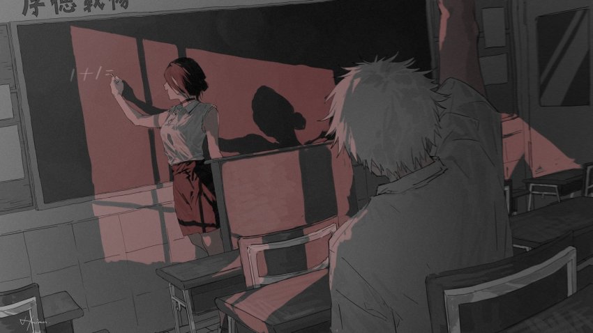 1boy 1girl arms_up black_hair black_shorts blonde_hair chainsaw_man chalk chalkboard chalkboard_writing choker classroom denji_(chainsaw_man) desk door facing_away highres huimuuu indoors math reze_(chainsaw_man) shadow shirt short_hair short_sleeves shorts sitting sleeveless smile standing t-shirt white_shirt window writing