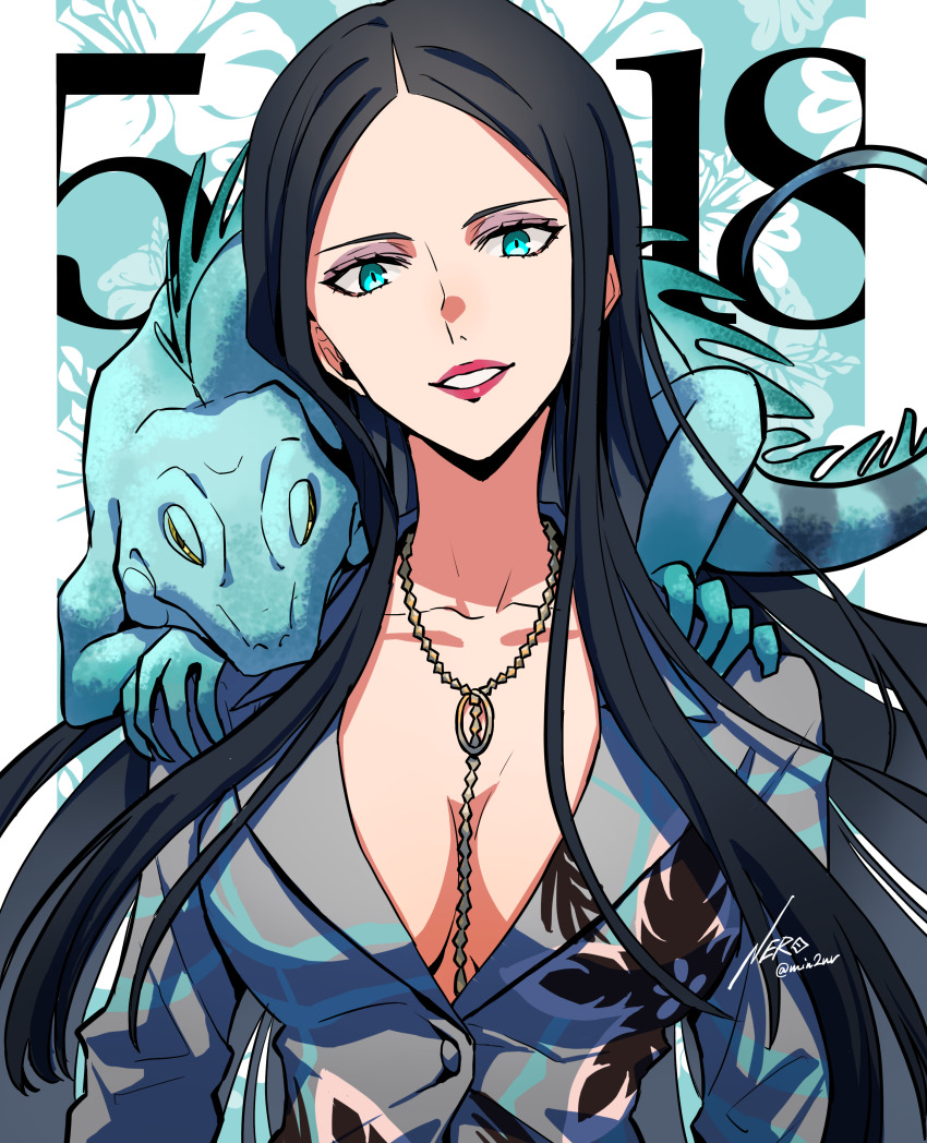 1girl absurdres animal animal_on_shoulder aqua_eyes black_hair breasts cleavage commentary_request dated eme_(204) eyeshadow head_tilt highres iguana jewelry kamachi_ayano large_breasts lips long_hair looking_at_viewer makeup necklace open_clothes open_shirt parted_lips pink_lips purple_eyeshadow shin_subarashiki_kono_sekai shirt signature smile subarashiki_kono_sekai twitter_username very_long_hair