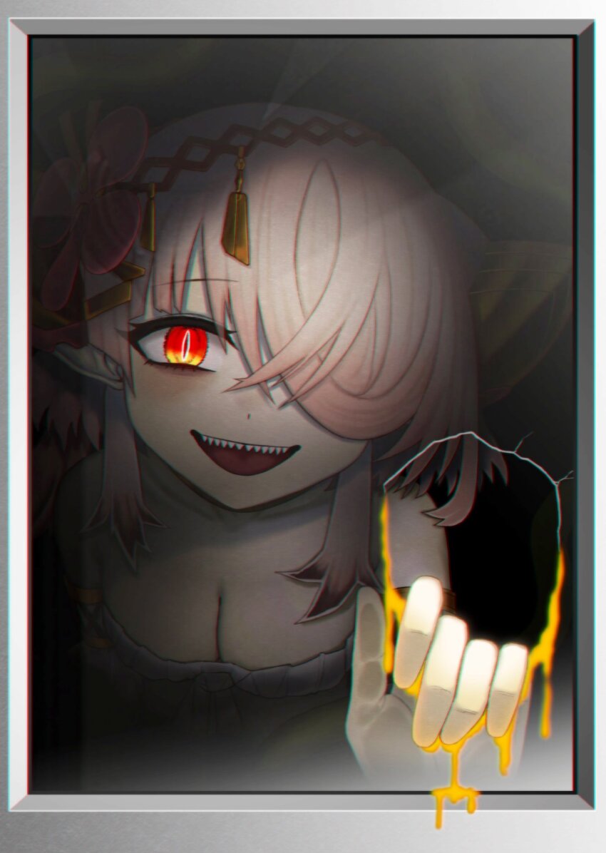 1girl breasts cleavage collarbone duel_monster evil_smile flower glass hair_flower hair_ornament hair_over_one_eye highres large_breasts looking_at_viewer nectar open_mouth pink_hair pointy_ears red_eyes smile solo teeth traptrix_pinguicula upper_teeth_only yu-gi-oh! zidai_okuraven