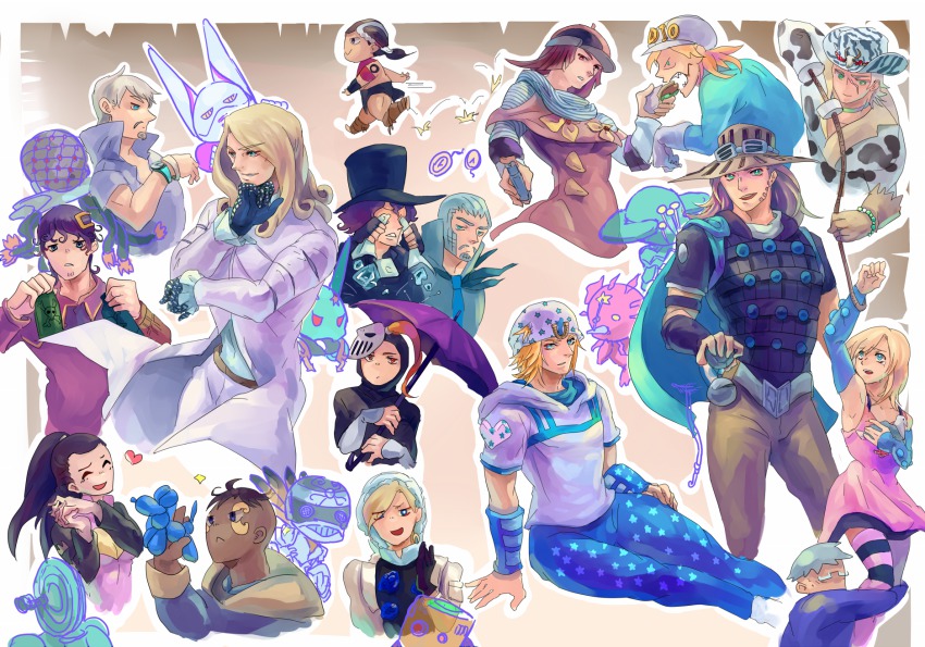20th_century_boy_(stand) 3girls 6+boys axl_ro ball_breaker_(stand) beige_background black_hair black_legwear blackmore catch_the_rainbow chocolate_disco cream_starter_(stand) dark_skin diego_brando disco_(sbr) doctor_ferdinand dr._ferdinand eleven_men_(sbr) everyone funny_valentine gyro_zeppeli hakkyotyui heart highres hot_pants_(sbr) in_a_silent_way_(stand) johnny_joestar jojo_no_kimyou_na_bouken leotard lucy_steel magenta_magenta mandom_(stand) mike_o mike_o. mountain_tim multiple_boys multiple_girls muscular oh!_lonesome_me_(stand) own_hands_together pantyhose ringo_roadagain sandman_(sbr) scarlet_valentine scary_monsters_(stand) short_hair simple_background skin_tight standing steel_ball_run steven_steel sugar_mountain tubular_bells_(stand) tusk_(stand) tusk_act1 upper_body very_short_hair wekapipo