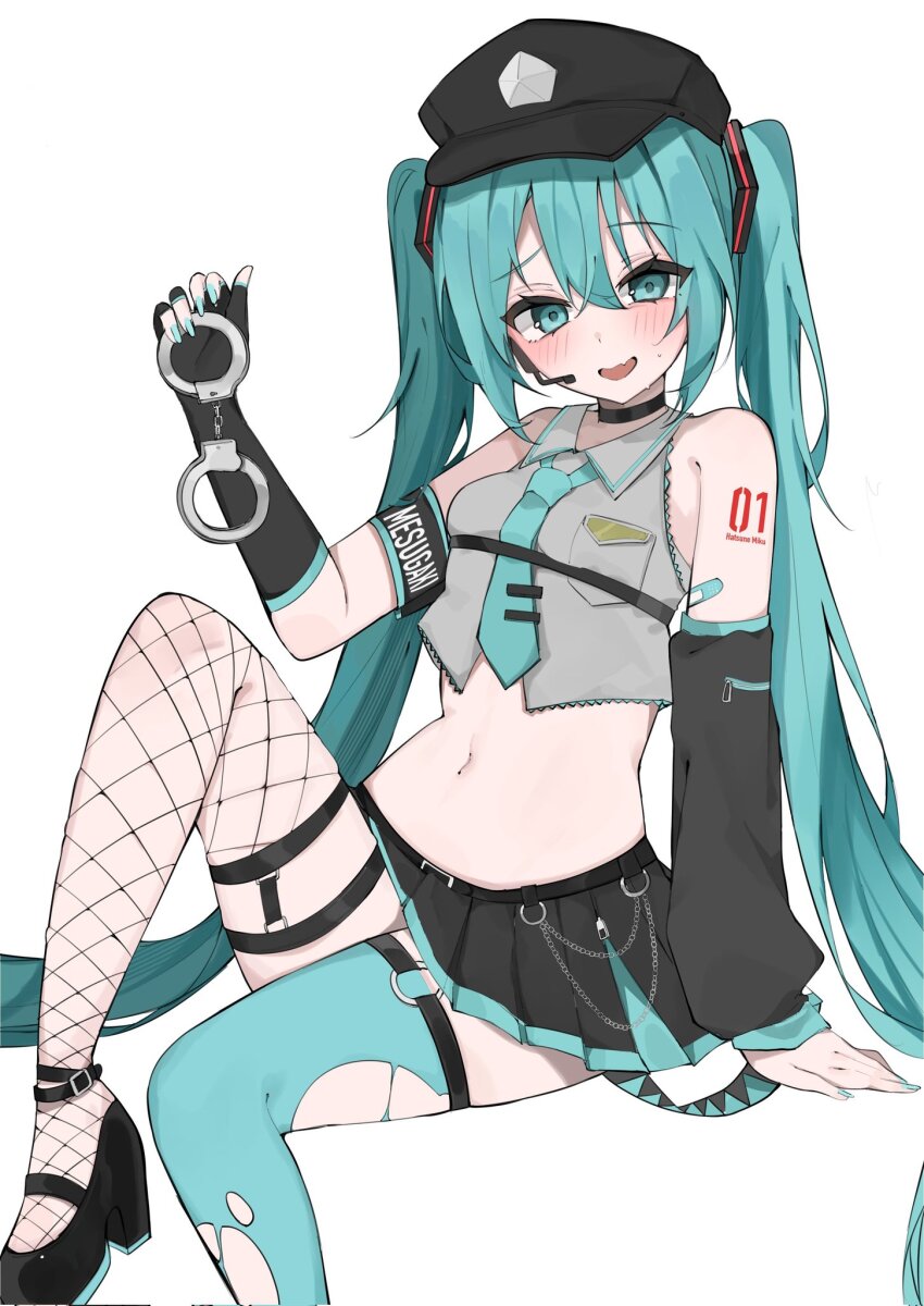 1girl bare_shoulders black_gloves black_hat black_shoes black_skirt black_sleeves blue_eyes blue_hair blue_nails blue_necktie blue_thighhighs blush cropped_shirt cuffs detached_sleeves fingerless_gloves fishnet_thighhighs fishnets gloves grey_shirt hair_between_eyes handcuffs hat hatsune_miku high_heels highres holding holding_handcuffs long_hair looking_at_viewer microphone navel necktie number_tattoo open_mouth peaked_cap shirt shoes shoulder_tattoo sidelocks single_glove single_sleeve skirt solo sweat tattoo thighhighs torn_clothes torn_thighhighs twintails vocaloid waimoniku