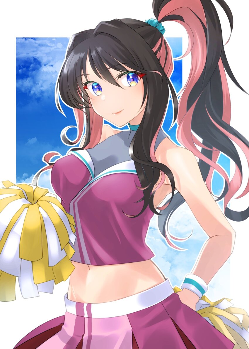1girl alternate_costume alternate_hairstyle bare_shoulders black_hair blue_sky blush breasts cheerleader cloud cloudy_sky crop_top day highres holding holding_pom_poms kantai_collection lips long_hair looking_at_viewer medium_breasts midriff millennium_cheerleader_outfit_(blue_archive) multicolored_hair naganami_(kancolle) navel outdoors pink_hair pleated_skirt pom_pom_(cheerleading) pom_poms ponytail purple_shirt purple_skirt shirt skirt sky smile solo tsukasa_(tukasa_br) two-tone_hair upper_body white_background yellow_eyes