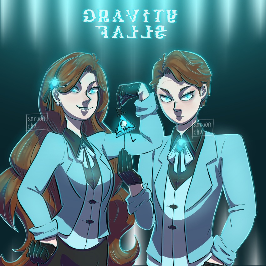 1boy 1girl absurdres aqua_eyes aqua_vest ascot bill_cipher brooch brother_and_sister brown_hair collared_shirt creepy_smile dark_persona dipper_gleeful dipper_pines facial_mark forehead_mark formal_clothes gem gloves glowing_jewelry gravity_falls hair_ornament hairband highres jewelry long_hair mabel_gleeful mabel_pines shirt short_hair shroon-chu siblings swept_bangs twins vest will_cipher