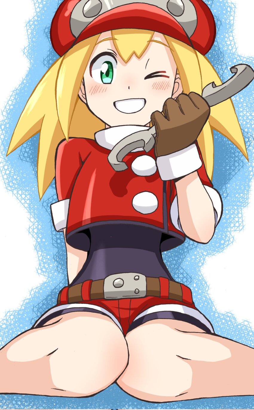 1girl belt bike_shorts blonde_hair blush brown_gloves cabbie_hat cropped_jacket emapippi gloves green_eyes hat highres jacket knees long_hair looking_at_viewer mega_man_(series) mega_man_legends_(series) one_eye_closed red_hat red_jacket red_shorts roll_caskett_(mega_man) short_sleeves shorts smile solo