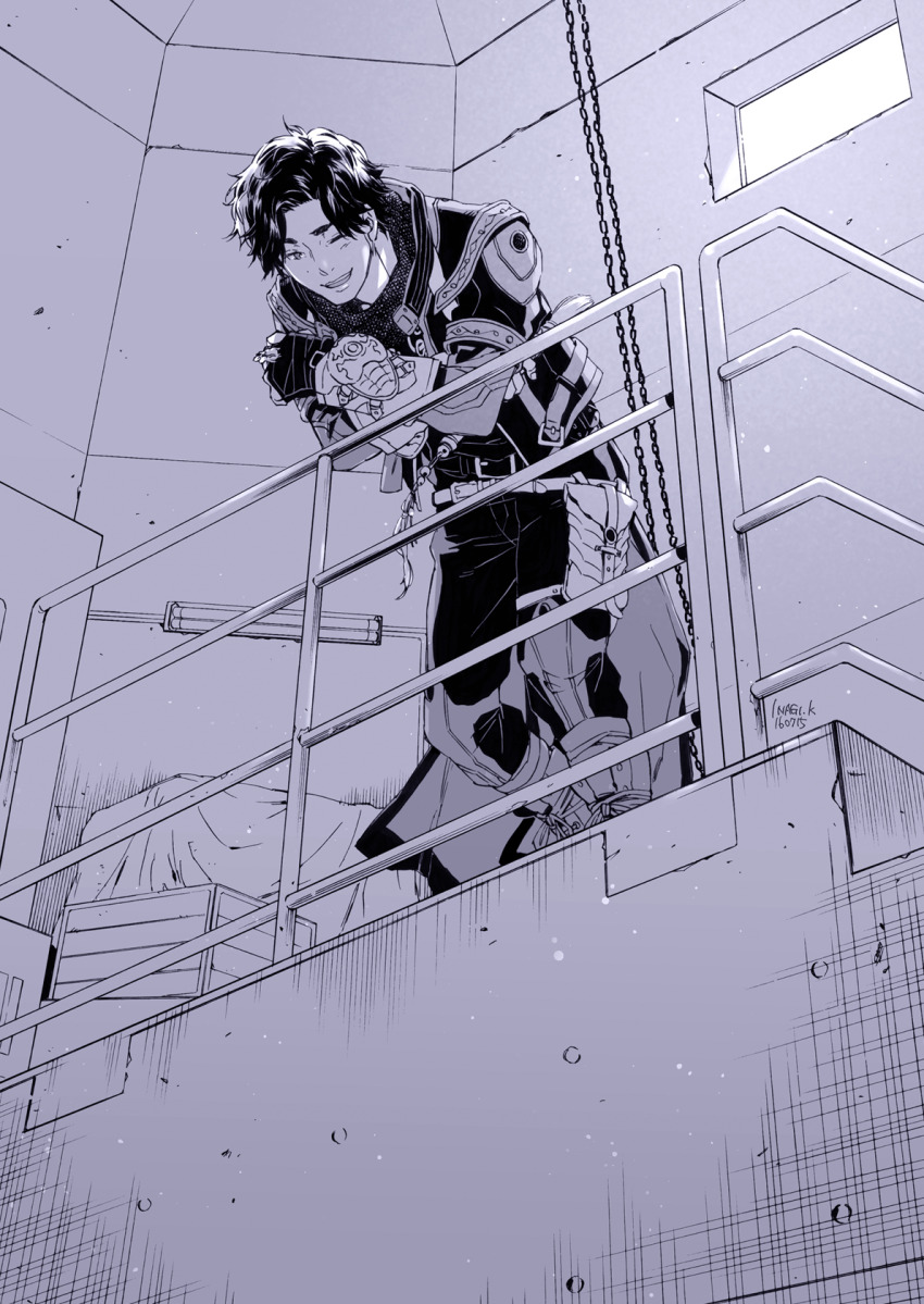 1boy artist_name belt black_gloves black_pants chain dated fingerless_gloves from_below fudou_leo garo:makai_retsuden garo_(series) gloves highres inagi indoors looking_down male_focus pants smile standing