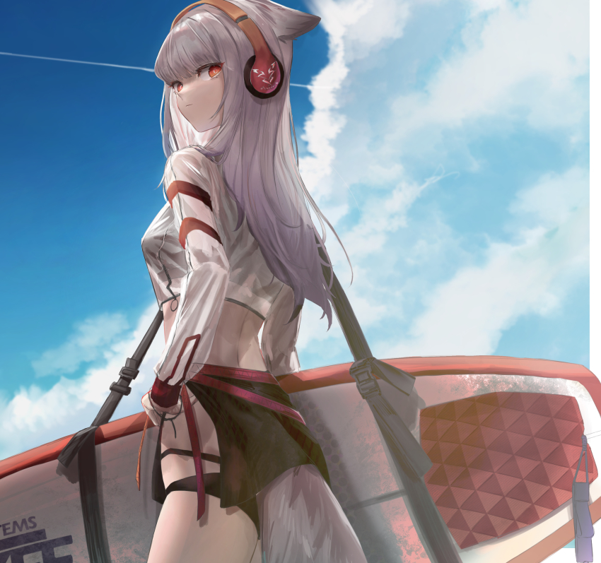 1girl absurdres alternate_costume animal_ears arknights bikini black_bikini blue_sky closed_mouth cloud contrail cowboy_shot cropped_jacket fox_ears fox_girl fox_tail frostleaf_(arknights) headphones highres jacket long_hair long_sleeves looking_at_viewer rash_guard red_eyes sarong sawatani_(_swt2) see-through_clothes sideways_glance sky solo surfboard swimsuit tail white_hair white_jacket zipper zipper_pull_tab
