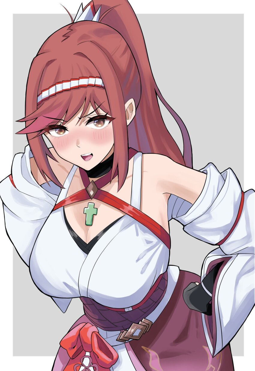 1girl blush border breasts commentary_request core_crystal_(xenoblade) eyelashes glimmer_(xenoblade) grey_background hair_intakes hands_on_own_hips high_ponytail highres large_breasts leaning_forward long_hair looking_at_viewer open_mouth outside_border ponytail red_hair simple_background solo v-shaped_eyebrows white_border xenoblade_chronicles_(series) xenoblade_chronicles_3 xenoblade_chronicles_3:_future_redeemed yamame_012 yellow_eyes