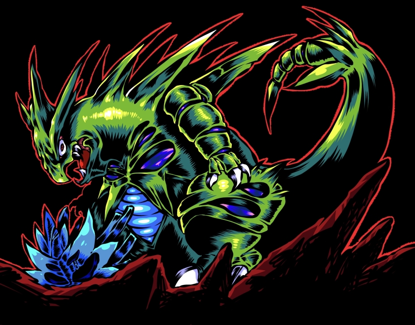 bidul_(bidul72476120) black_background gen_2_pokemon highres looking_at_viewer nintendo no_humans open_mouth pokemon pokemon_(creature) pupitar red_eyes tyranitar