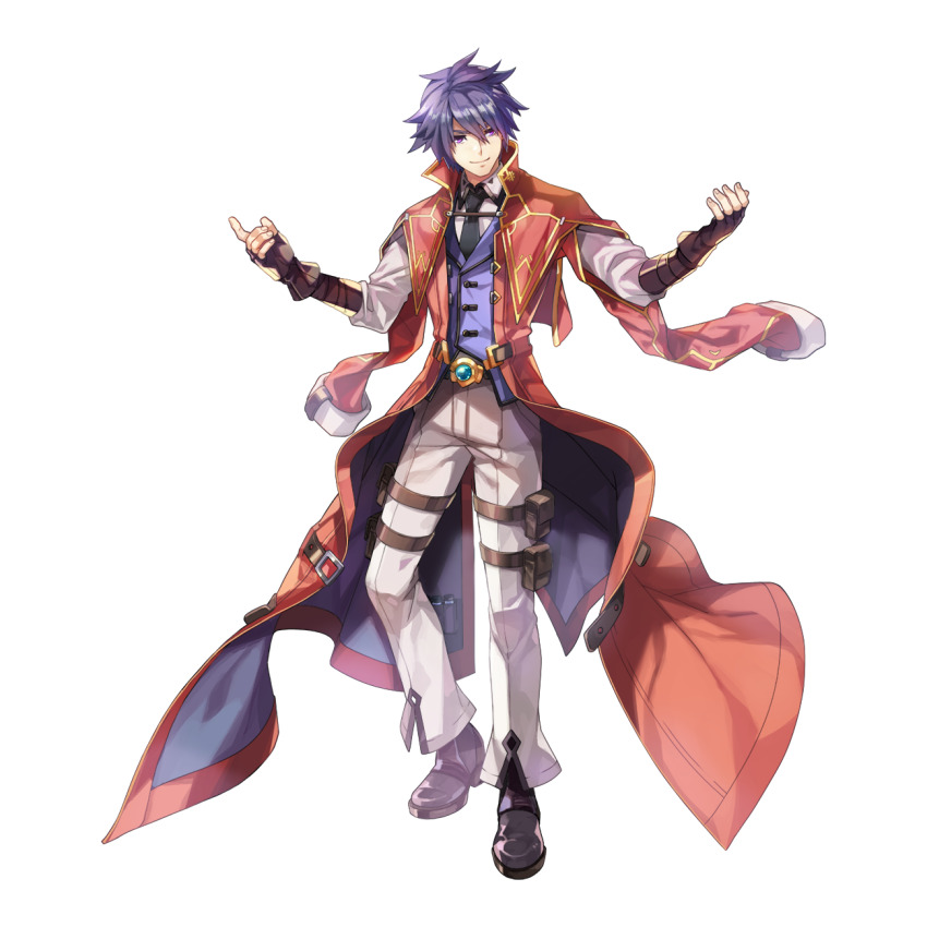 1boy biolo_(ragnarok_online) black_necktie black_shoes brown_gloves closed_mouth coat collared_shirt fingerless_gloves full_body gloves hair_between_eyes hands_up high_collar highres leona_(pixiv) long_bangs long_sleeves looking_at_viewer male_focus necktie official_art open_clothes open_coat pants pouch purple_eyes purple_hair purple_vest ragnarok_online red_coat shirt shoes short_hair simple_background smile solo standing tachi-e thigh_pouch transparent_background vest white_pants white_shirt