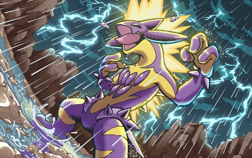 closed_eyes cloud cloudy_sky colored_skin gen_8_pokemon lightning nintendo no_humans open_mouth pokemon pokemon_(creature) puddle purple_skin q-chan rain rock sky standing tongue tongue_out toxtricity yellow_skin