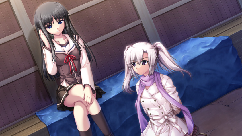 2girls alpha_(yukai_na_nakamatachi) arms_behind_back black_hair black_skirt black_socks blue_eyes breasts brown_eyes brown_vest cellphone closed_mouth coat collarbone collared_shirt crossed_legs flip_phone g-senjou_no_maou game_cg grin holding holding_phone kneehighs long_hair long_sleeves medium_breasts miniskirt multiple_girls phone pleated_skirt purple_scarf red_ribbon restrained ribbon sailor_collar sailor_shirt scarf shiratori_mizuha shirt silver_hair sitting skirt smile socks straight_hair tokita_yuki twintails very_long_hair vest white_coat white_sailor_collar white_shirt