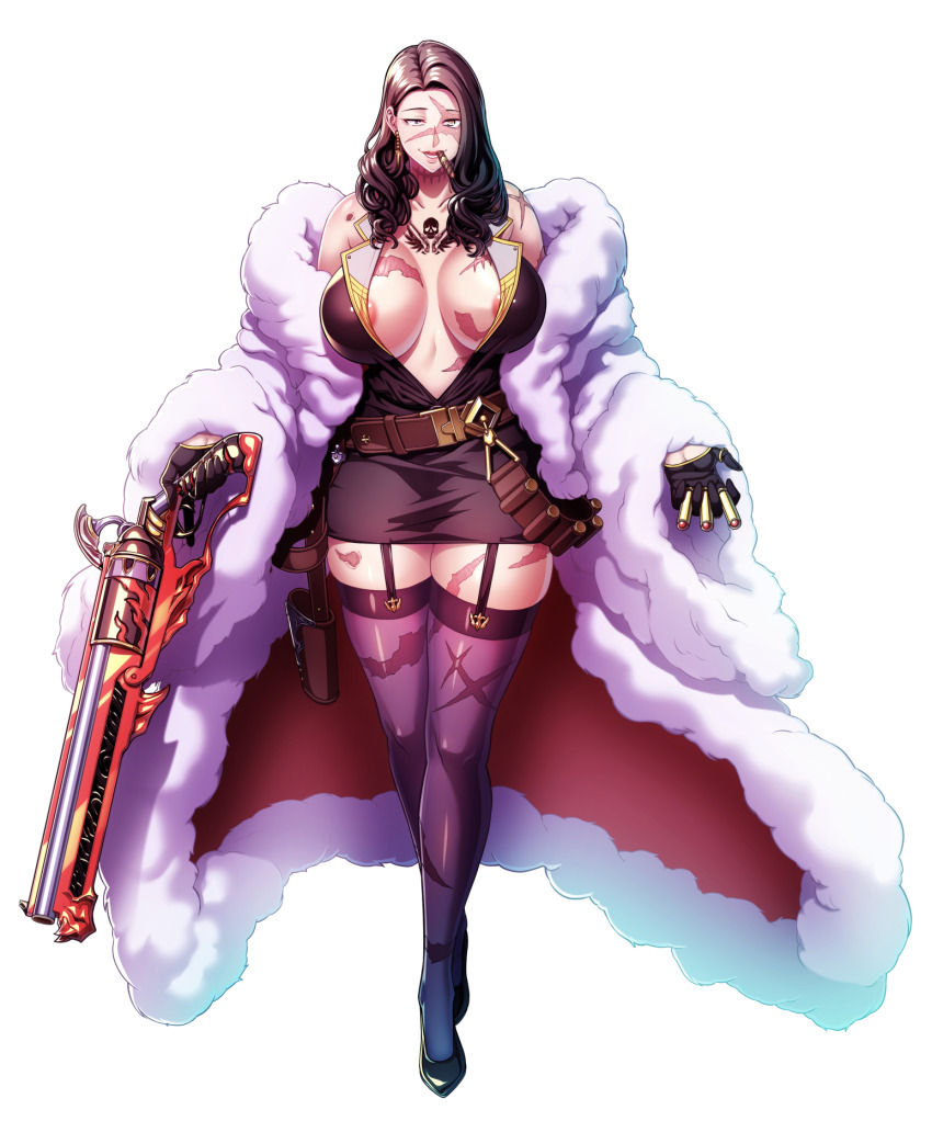 1girl areola_slip bare_shoulders belt black_dress black_gloves black_hair black_shoes blue_eyes breasts breasts_apart bullet bullet_scar chest_tattoo cigar cleavage coat cross_scar crossed_legs curly_hair dress earrings eden&#039;s_ritter_grenze female_focus forehead full_body fur_coat game_cg garter_straps gloves green_eyes gun hair_behind_ear half_gloves handgun heterochromia high_heels highres holding holding_bullet holding_gun holding_weapon holster jewelry large_breasts legs lips long_hair looking_at_viewer lower_teeth_only mature_female multicolored_eyes neroma_shin no_bra off_shoulder official_art open_clothes open_mouth purple_thighhighs red_lips revolver scar scar_across_eye scar_on_arm scar_on_breasts scar_on_face scar_on_leg scar_on_neck scar_on_shoulder scar_on_stomach see-through_clothes see-through_thighhighs shoes short_dress skindentation sleeveless sleeveless_dress smile standing straight-on tattoo teeth thighhighs thighs transparent_background weapon