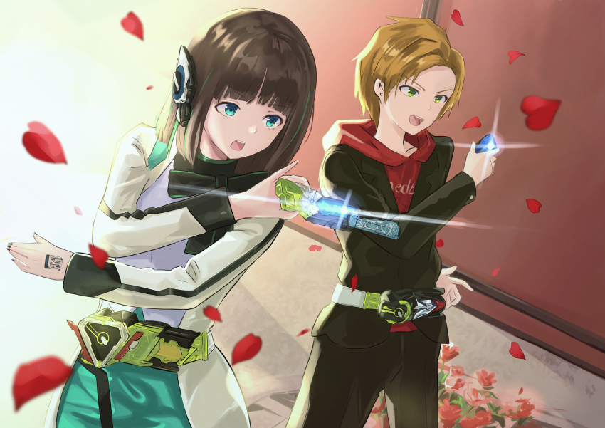 1boy 1girl absurdres black_hair blue_eyes bob_cut bow bowtie brown_hair commentary_request cycloneactionx green_eyes henshin hiden_aruto highres hood hooded_jacket humagear_headphones is_(kamen_rider_01) jacket kamen_rider kamen_rider_01_(series) long_sleeves nail_polish petals progrise_key rider_belt rose_petals short_hair zero_one_driver zero_two_driver