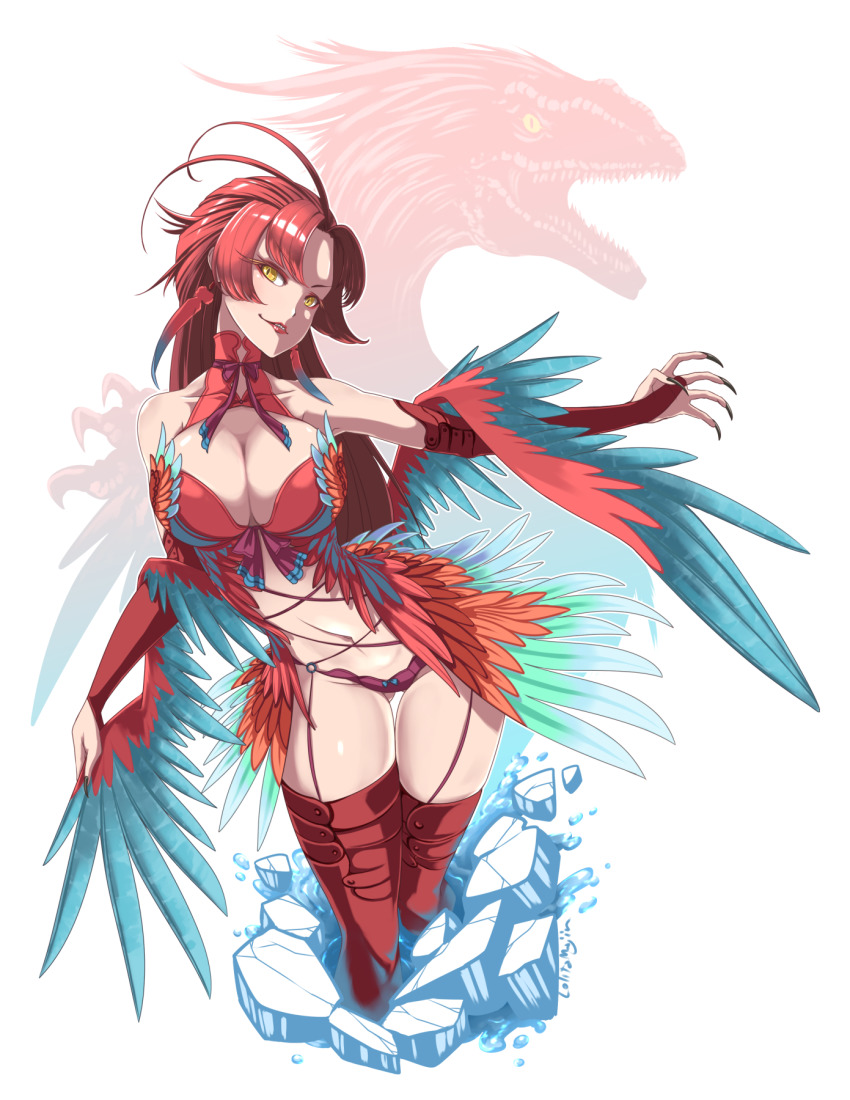 1girl black_nails breasts dinosaur earrings feather_earrings feathered_wings feathers garter_straps highres jewelry jurassic_park jurassic_world jurassic_world:_dominion large_breasts lolita_majin long_hair nail_polish original personification raptor red_hair red_thighhighs revealing_clothes sharp_teeth slit_pupils teeth thighhighs wings yellow_eyes