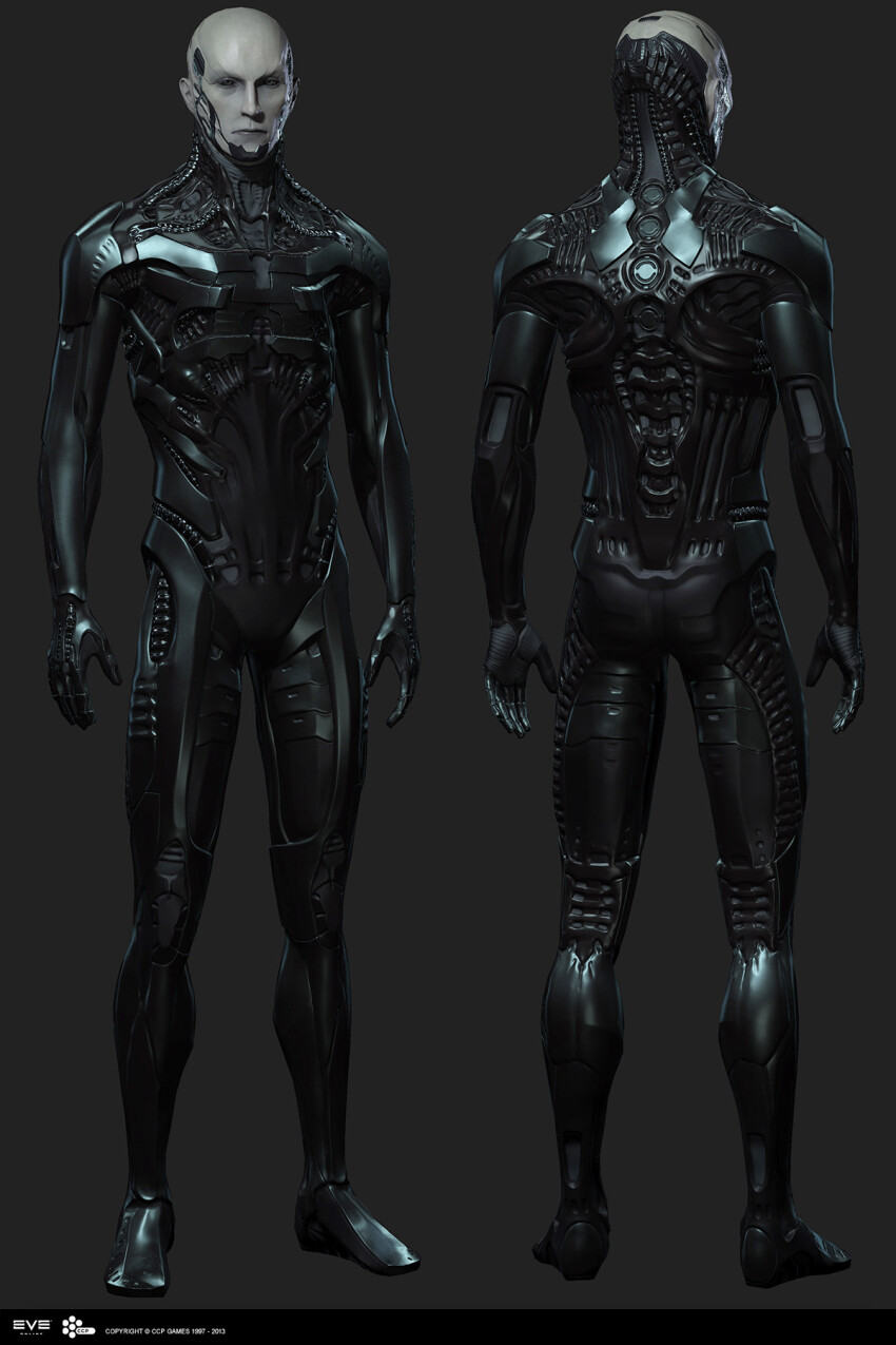 1boy 3d armor autodesk_3ds_max_(medium) bald bodysuit bokaja_(jakob_falkenberg) closed_mouth colored_sclera colored_skin commentary company_logo company_name copyright_logo copyright_name cyborg dated drifters_(eve_online) eve_online from_behind full_body grey_background grey_eyes grey_skin greyscale highres lips logo looking_at_viewer male_focus monochrome multiple_views no_eyebrows nose official_art realistic science_fiction simple_background standing veins zbrush_(medium)