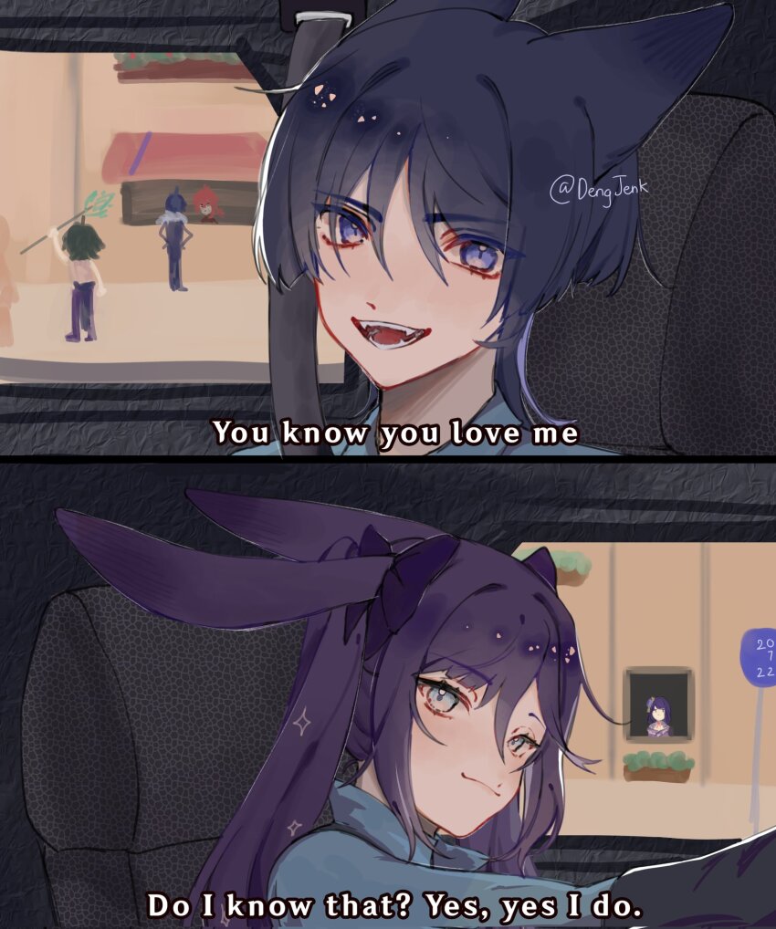 2girls 4boys ahoge alternate_costume animal_ears arm_at_side arm_up black_hair blue_hair blue_shirt blue_sleeves blunt_bangs blunt_ends bow brothers car closed_mouth collared_shirt contemporary cosplay couple dengjenk diluc_(genshin_impact) eyeliner eyeshadow fox_boy fox_ears fur_collar genshin_impact green_hair grey_eyes grey_shirt hair_between_eyes hair_bow hands_on_own_hips hetero highres holding holding_polearm holding_weapon judy_hopps judy_hopps_(cosplay) kaeya_(genshin_impact) long_hair looking_at_viewer makeup mona_(genshin_impact) motor_vehicle multiple_boys multiple_girls nick_wilde nick_wilde_(cosplay) on_car open_mouth pants parody polearm police police_uniform policewoman purple_eyes purple_hair purple_pants rabbit_ears rabbit_girl raiden_shogun red_eyeliner red_eyeshadow red_hair scaramouche_(genshin_impact) scene_reference seatbelt sharp_teeth shirt siblings smile step-siblings subtitled teeth three-quarter_sleeves tsurime twintails twitter_username vortex_vanquisher_(genshin_impact) weapon window xiao_(genshin_impact) zootopia