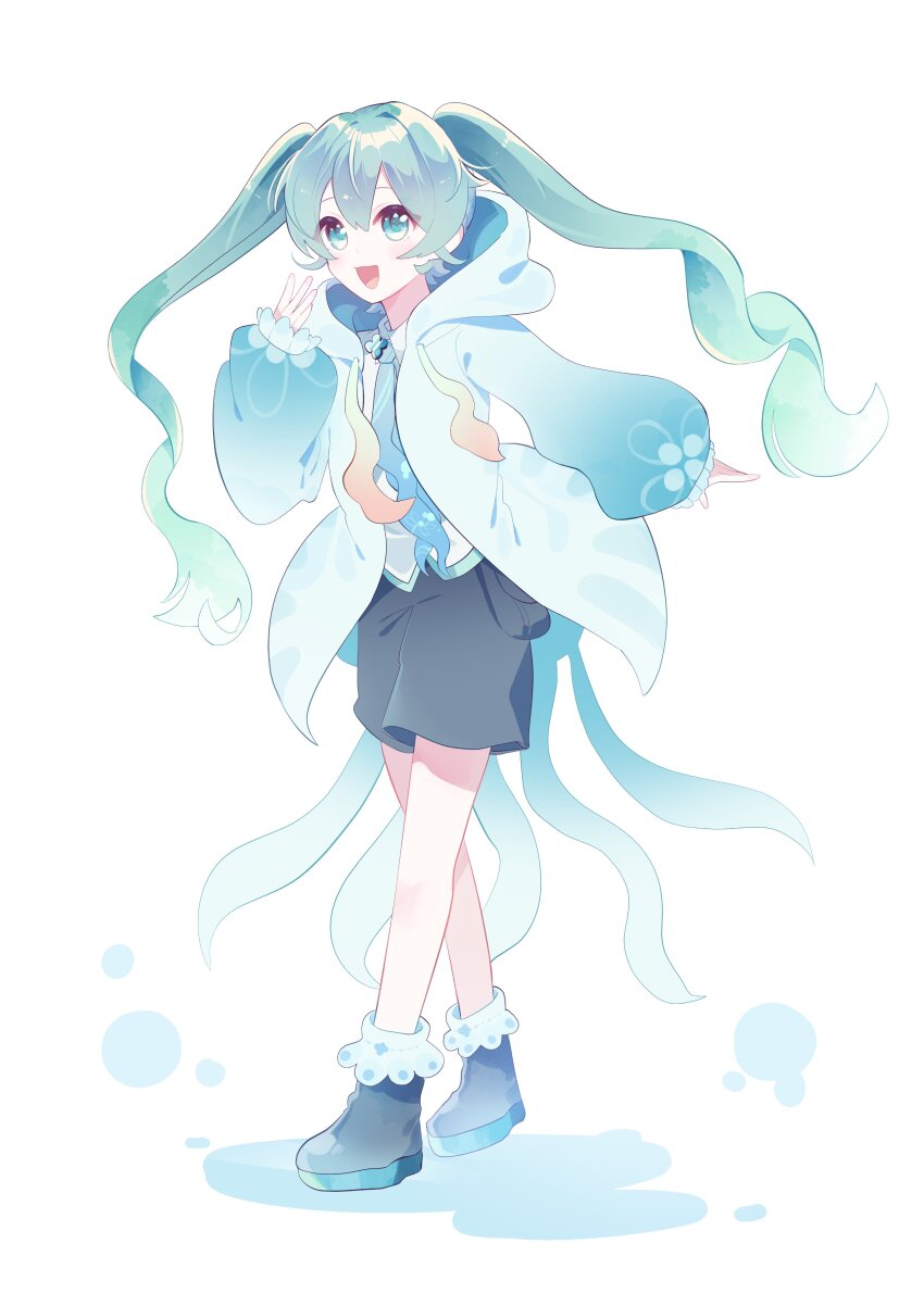 1girl absurdres black_shoes black_shorts blue_hoodie blue_necktie blush commentary full_body green_eyes green_hair hatsune_miku highres hood hoodie looking_at_viewer necktie open_mouth shirt shoes shorts solo standing sudasamo twintails vocaloid white_background white_shirt