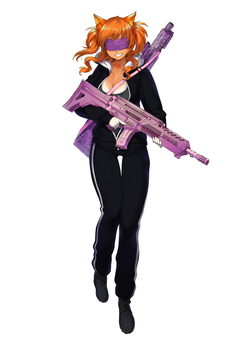 absurdres animal_ears assault_rifle blindfold breasts cat_ears cat_girl crossover_nexus_project crossover_nexus_series dark-skinned_female dark_skin duplicate full_body fx-05_xiuhcoatl gloves gun gun_on_back gun_sling highres isekai_monogatari_series jacket large_breasts makka_(isekai_monogatari) mp-155 pixel-perfect_duplicate rifle sahara1127 shotgun tan track_jacket trigger_discipline weapon weapon_on_back
