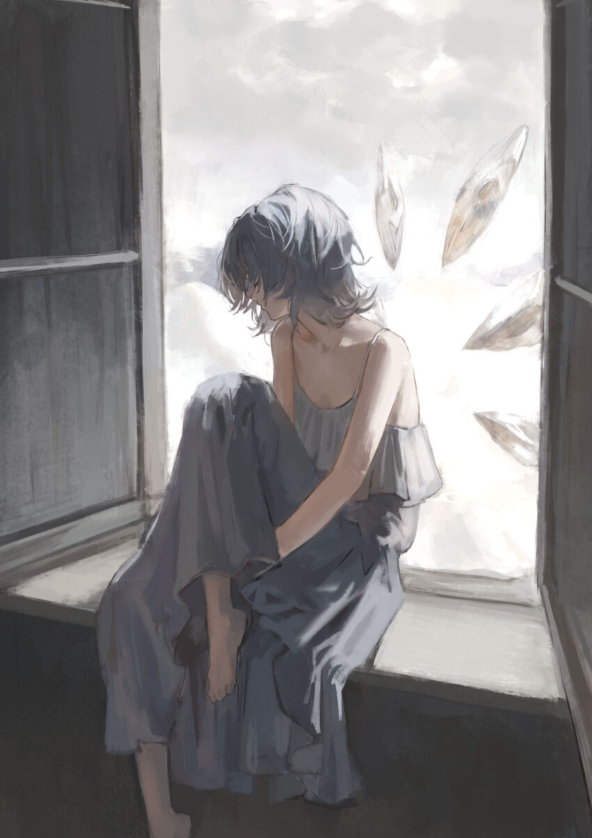 1girl absurdres alternate_costume bare_shoulders barefoot blue_dress blue_hair cirno closed_eyes closed_mouth cloud cloudy_sky collarbone commentary detached_wings dress facing_to_the_side flat_chest foot_out_of_frame hand_under_leg highres ice ice_wings knee_up long_dress on_windowsill open_window sawararado short_hair sitting sky sleeveless sleeveless_dress solo spaghetti_strap touhou window windowsill wings